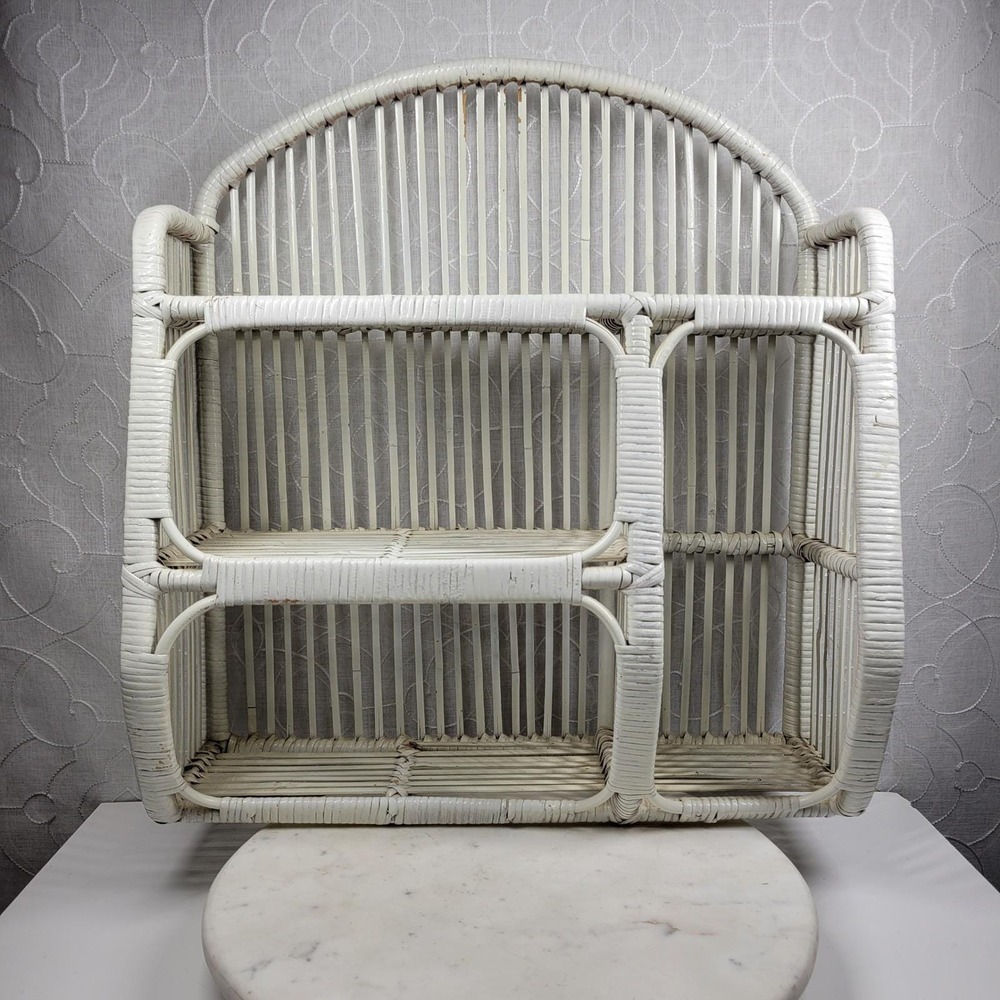 Wrapped Rattan Wicker Shelf White Arched 3 Tier Boho Storage Cabinet Vintage